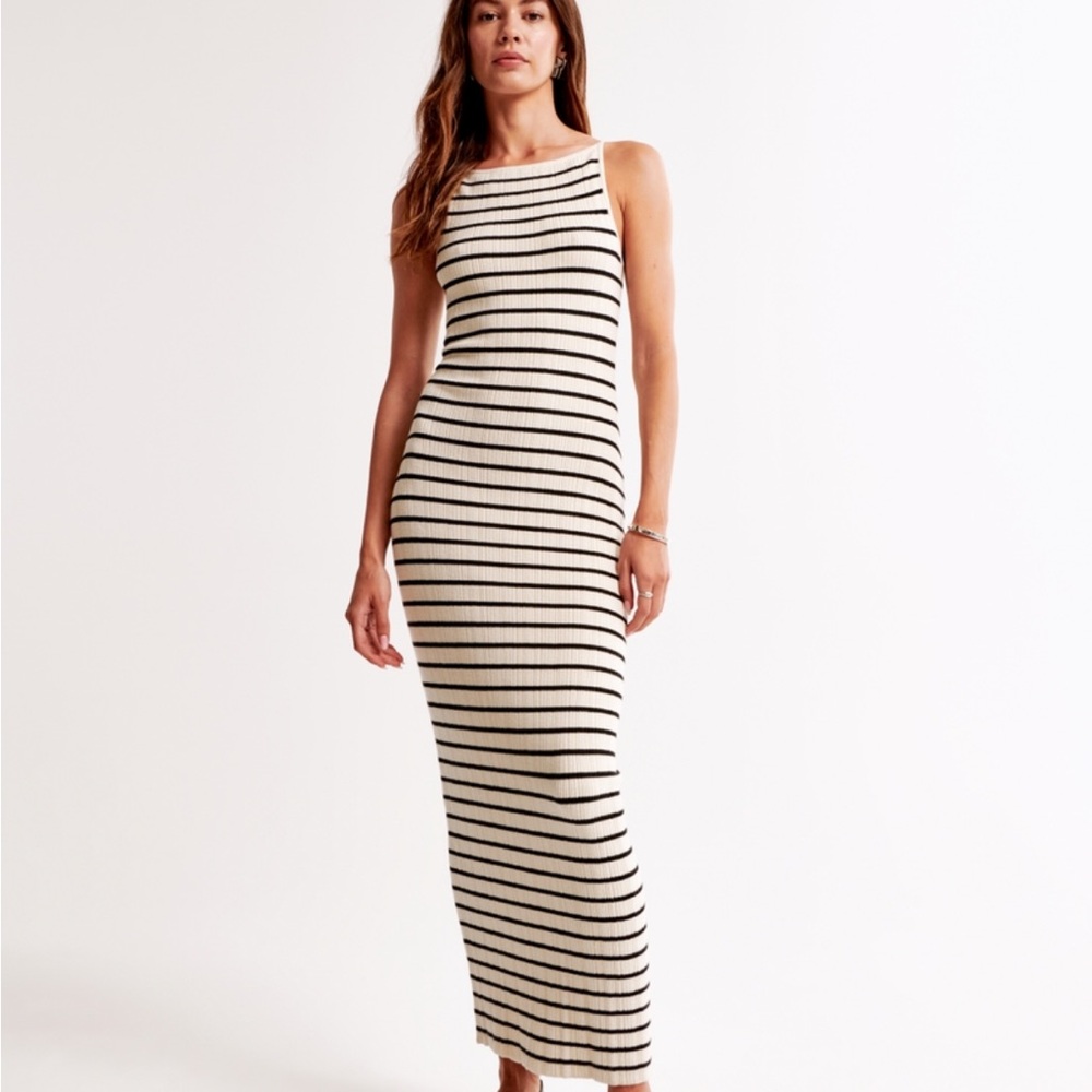 Abercrombie & Fitch Black and Cream Striped Maxi Dress TALL